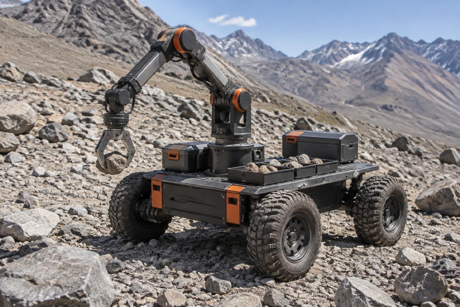 Carrito robot con brazo robótico central para recolectar muestras en exploración minera